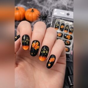 Halloween Press On Nails Haunted House Autumn Leaves Black Orange Nail Kit 24pc